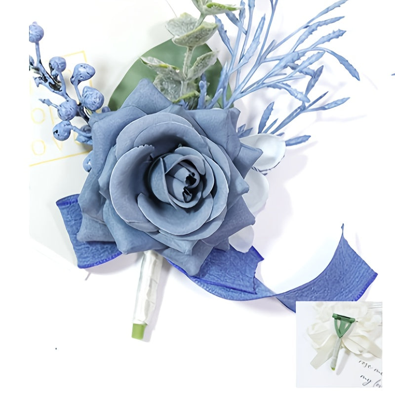 Fabric Rose Corsage Pin with Blue Floral Design and Green Leaves for Weddings and Parties
