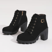 Women Ankle Boots Winter Thick Sole Side Zipper Lace-Up Casual Black Synthetic