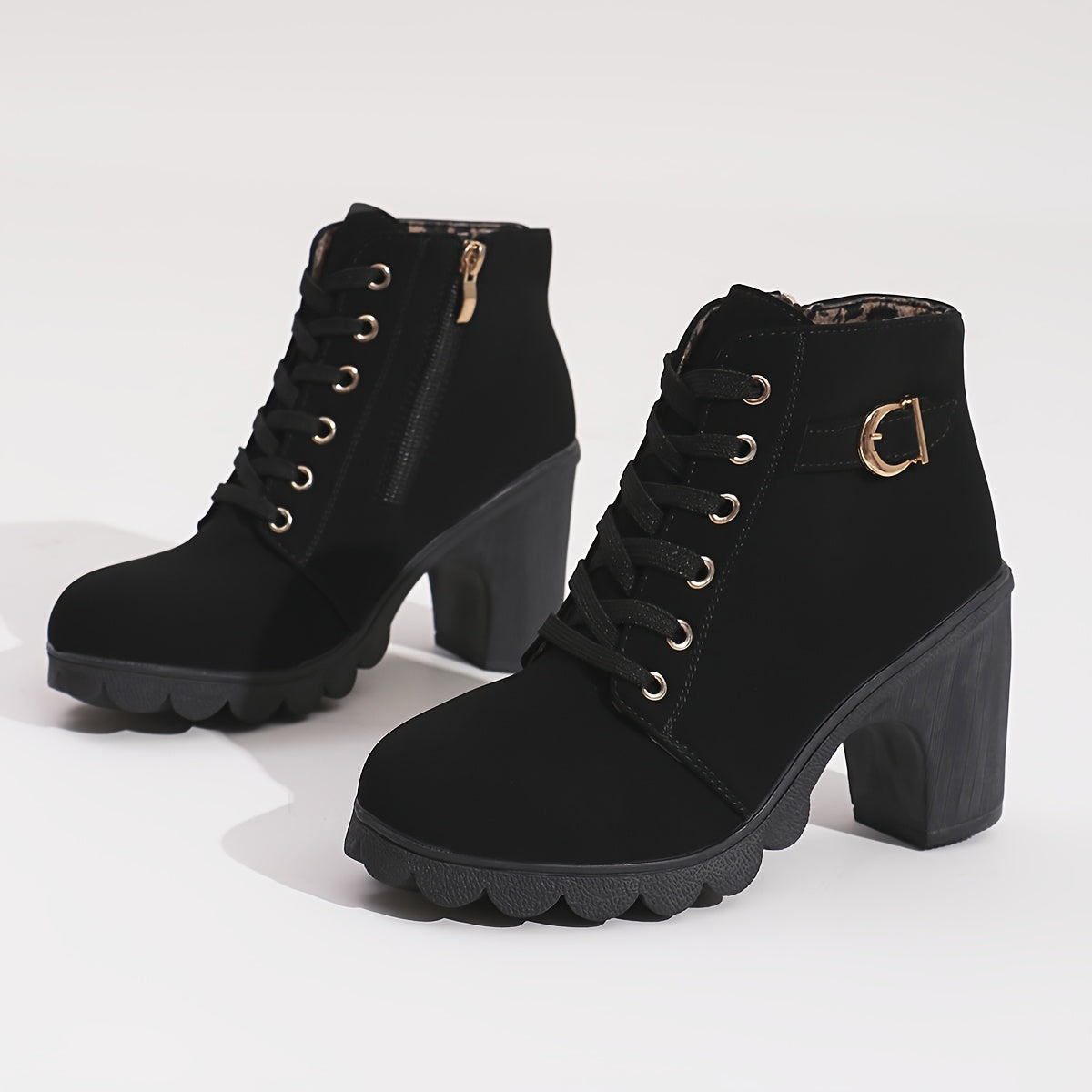 Women Ankle Boots Winter Thick Sole Side Zipper Lace-Up Casual Black Synthetic