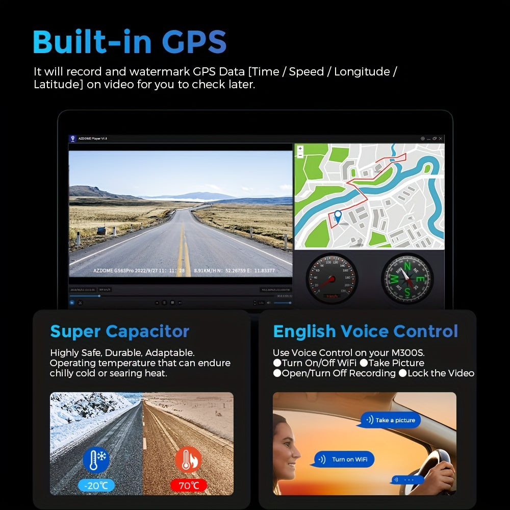 AZDOME M300S 4K HD видеорегистратор с записью спереди и сзади в реальном времени, 5G WiFi, GPS, голосовым управлением, WDR, G-сенсором, мониторингом парковки и включенной SD-картой.