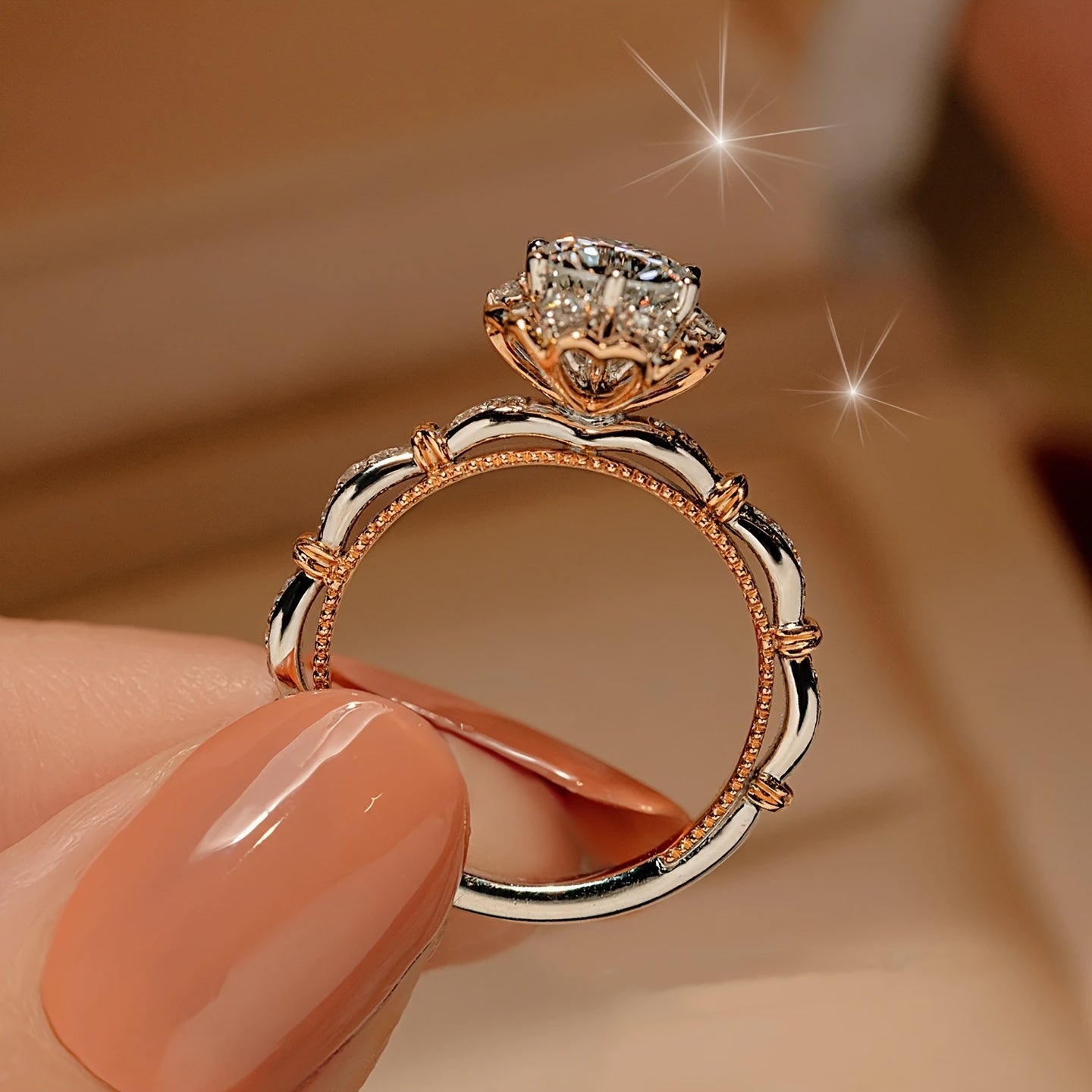 Women’s Adjustable Open Ring with Rhinestone Mosaic 1 Carat Copper Jewelry