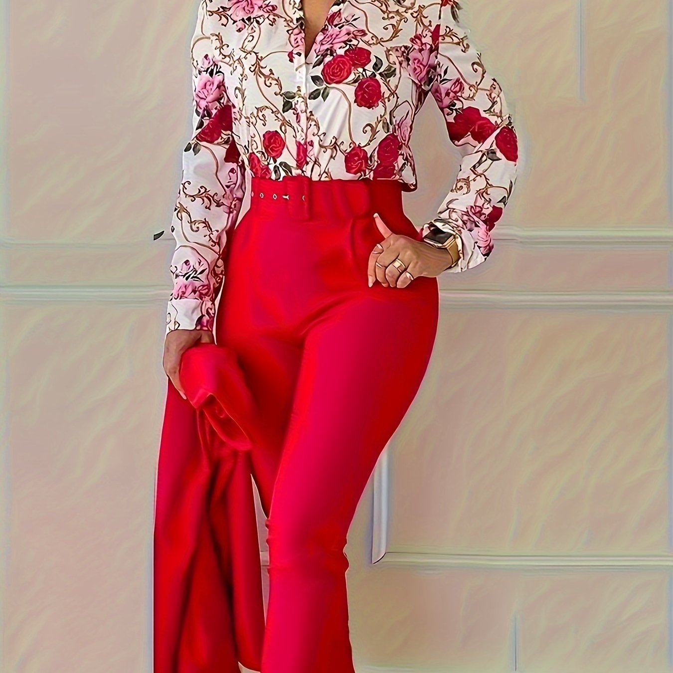 Women's Floral V Neck Blouse and Belted Tapered Pants Set Spring Summer Polyester