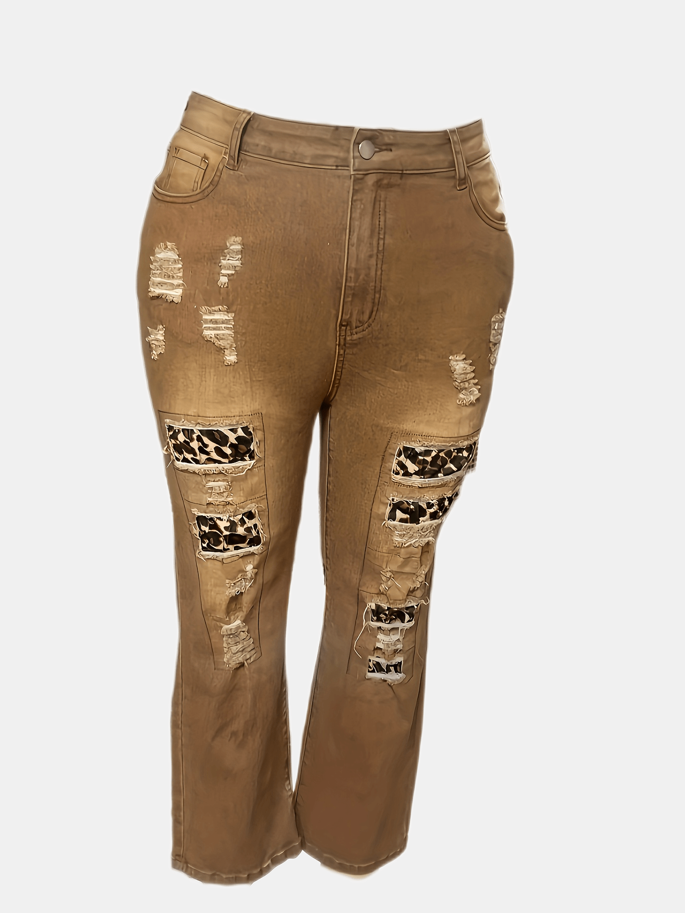 Plus Size Elastic Patchwork Leopard Print Jeans Womens Denim Pants