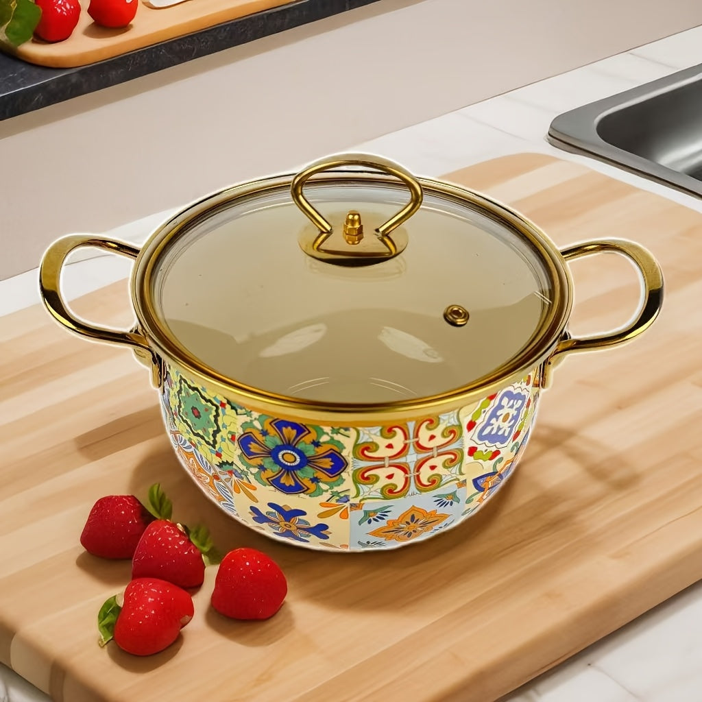 Enamel Coated Saucepan with Glass Lid, Durable Thickened Material, 3-4 Serving