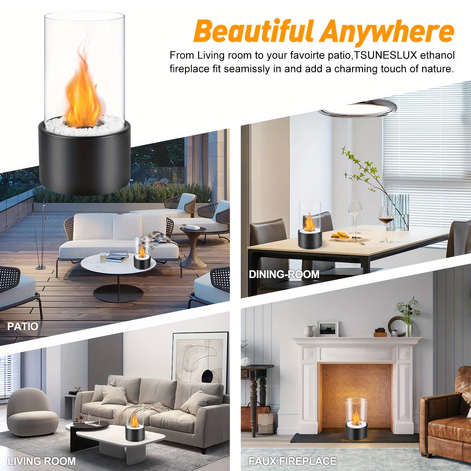 Portable Stainless Steel Tabletop Fireplace with White Stones and Windproof Glass