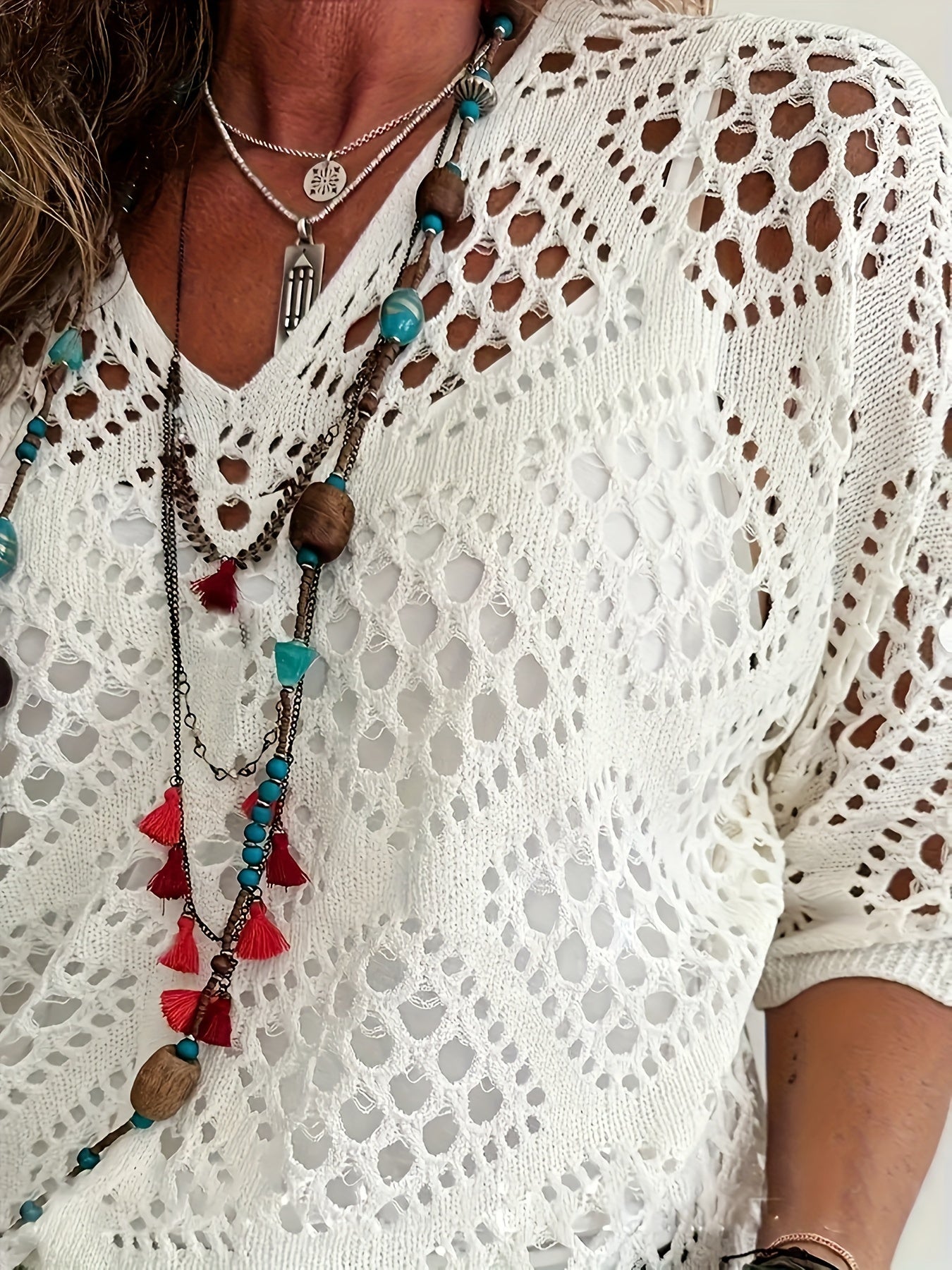 Plus Size Knitted V Neck Batwing Sleeve Top Casual Spring Summer Women's Clothing