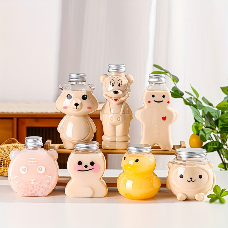 500ml Milk Tea Juice Bottles with Bear and Tiger Designs, Disposable PET Water Bottles with Lids, Pack of 1 or 4