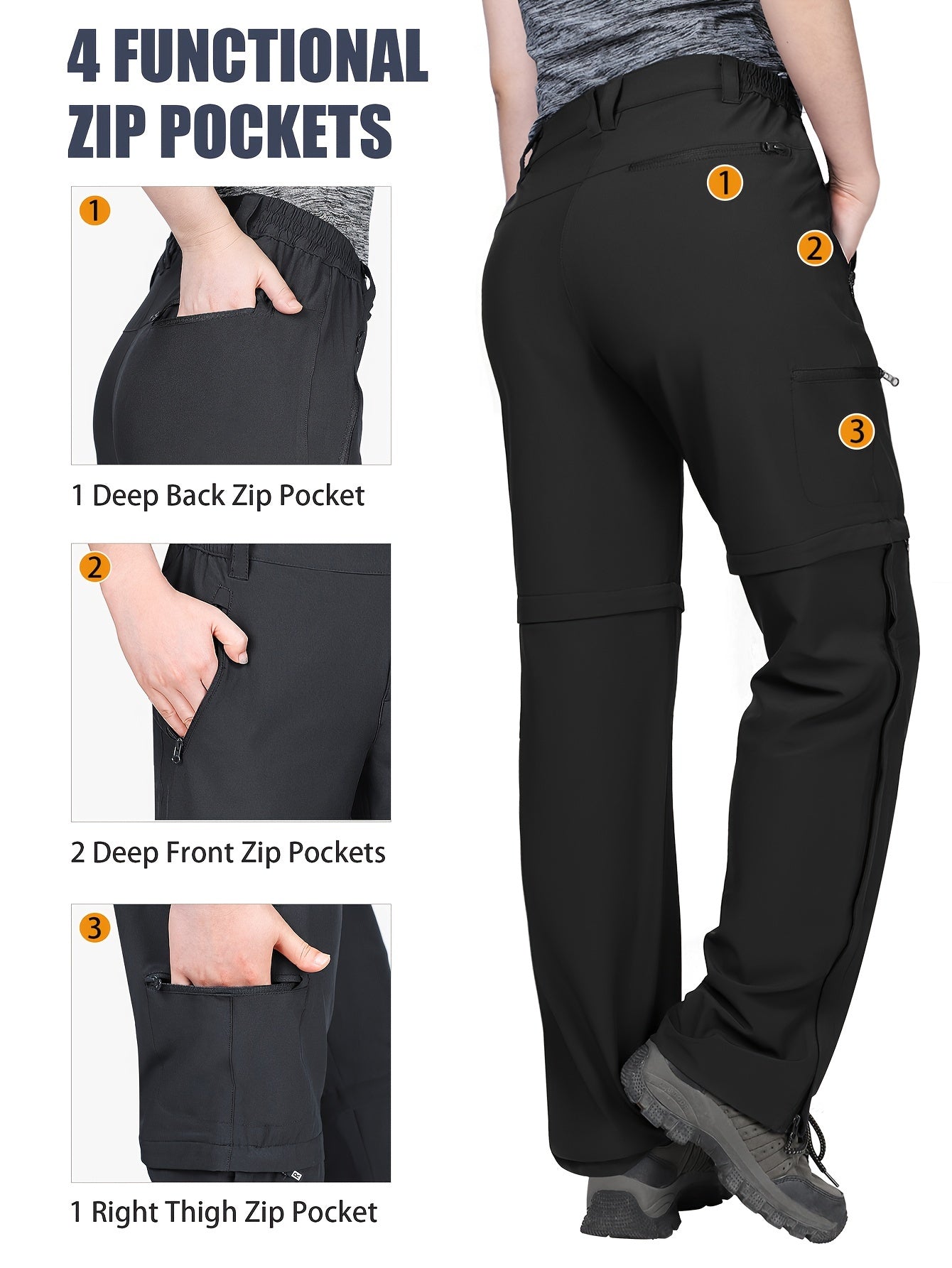 Ayollar uchun tez quriydigan, oson yig‘iladigan va qisilib ketadigan yurish shimlari, olib tashlanadigan oyoqlari bilan, qora, katta