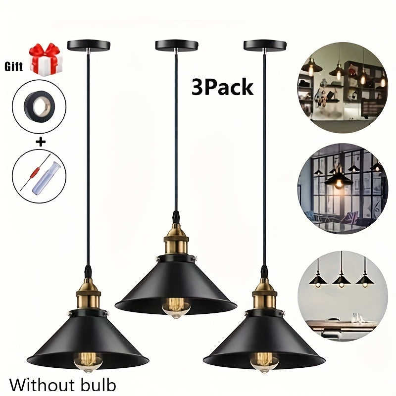 3-Piece Industrial Pendant Light Set with E26/E27 Base Includes Screwdriver and Tape