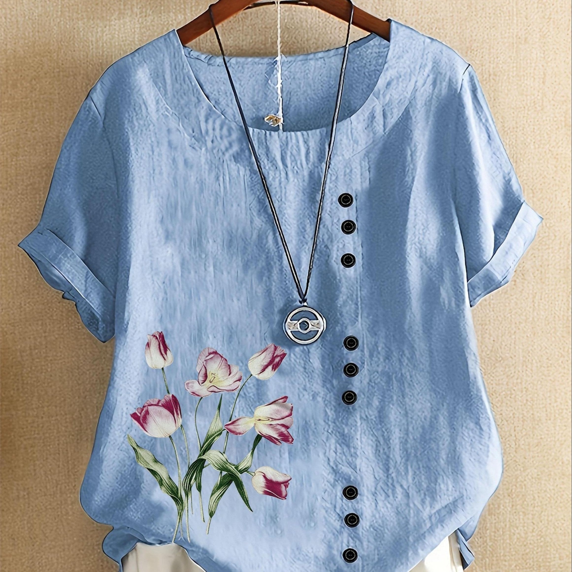 Plus Size Linen Printed Short Sleeve Shirt for Women Casual Loose Fit