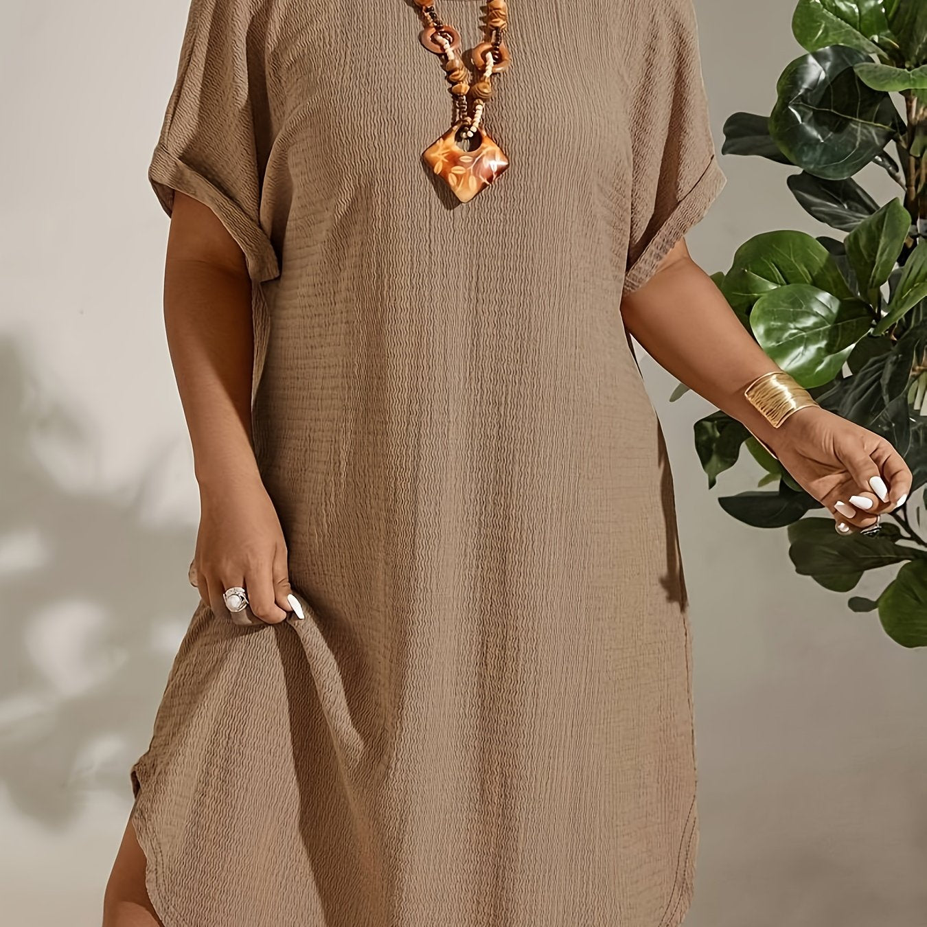 Plus Size Green Midi Dress with Batwing Sleeves V-Neck Textured Polyester for All Seasons