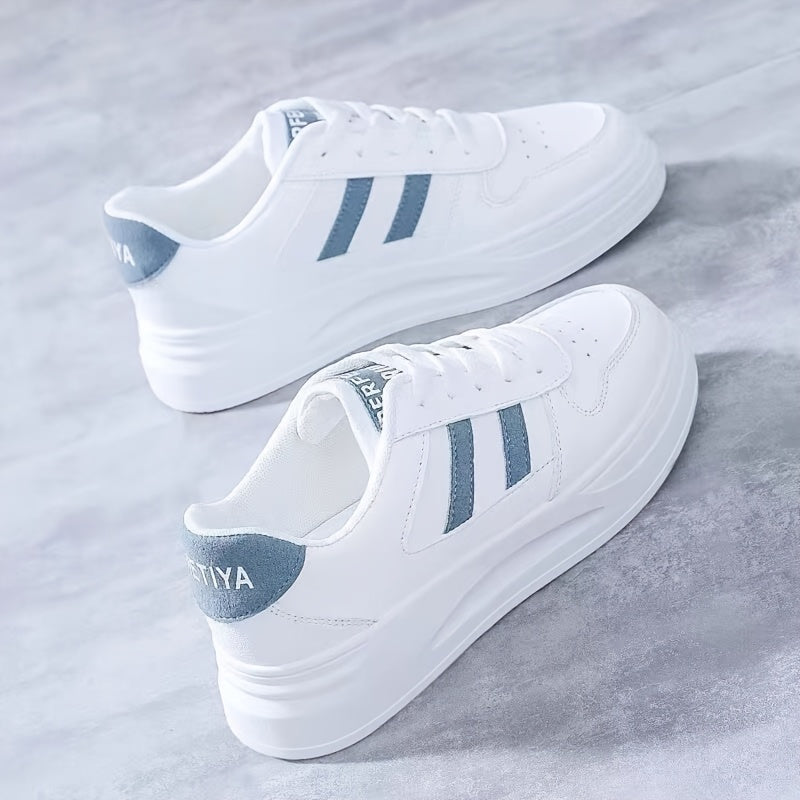 Women's White Sneakers with Blue Stripes Waterproof Non-Slip Casual Low Top