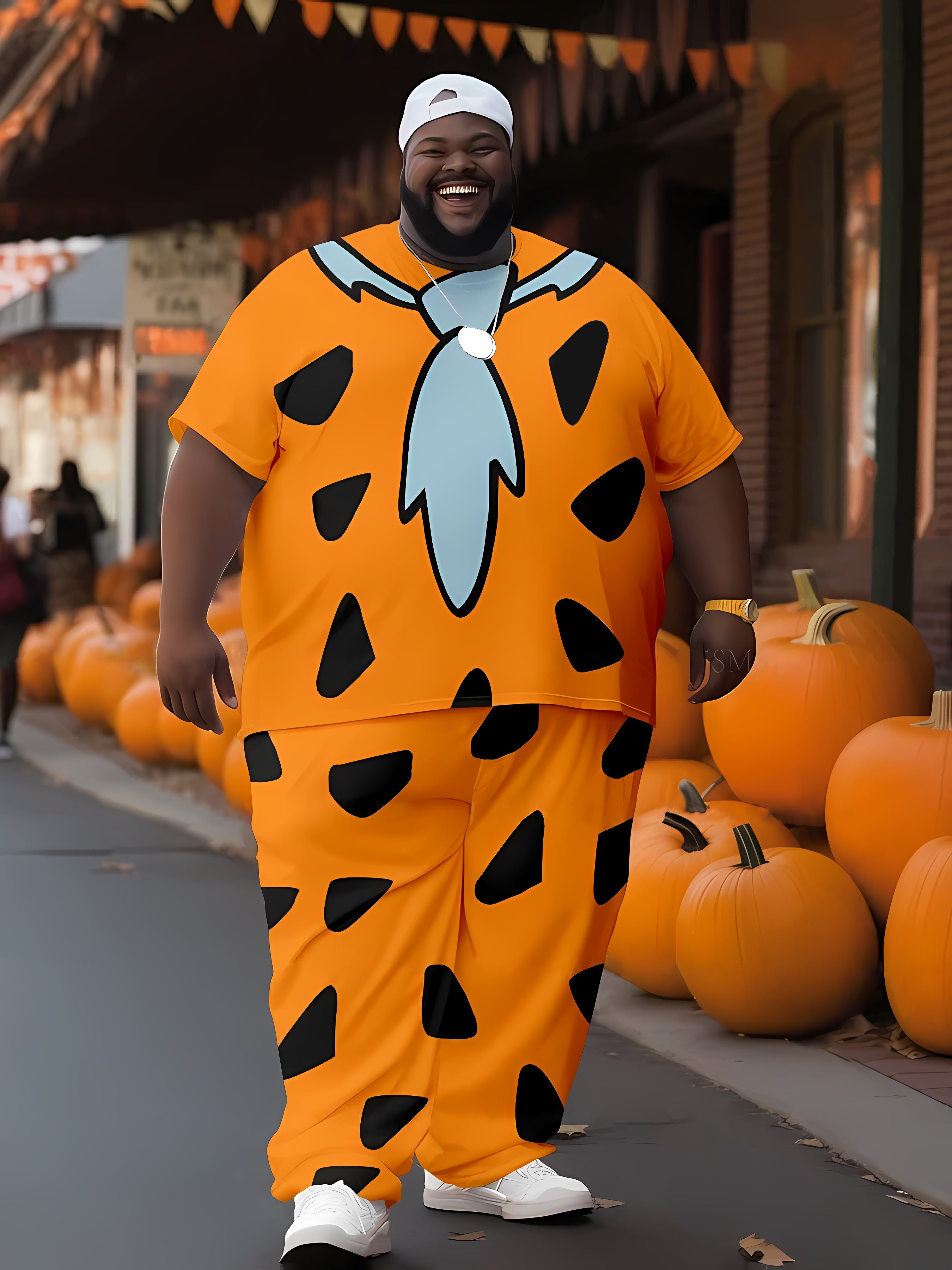 Men's Plus Size Pumpkin Yellow Casual Outfit with "Crazy" Man Print Knit Fabric