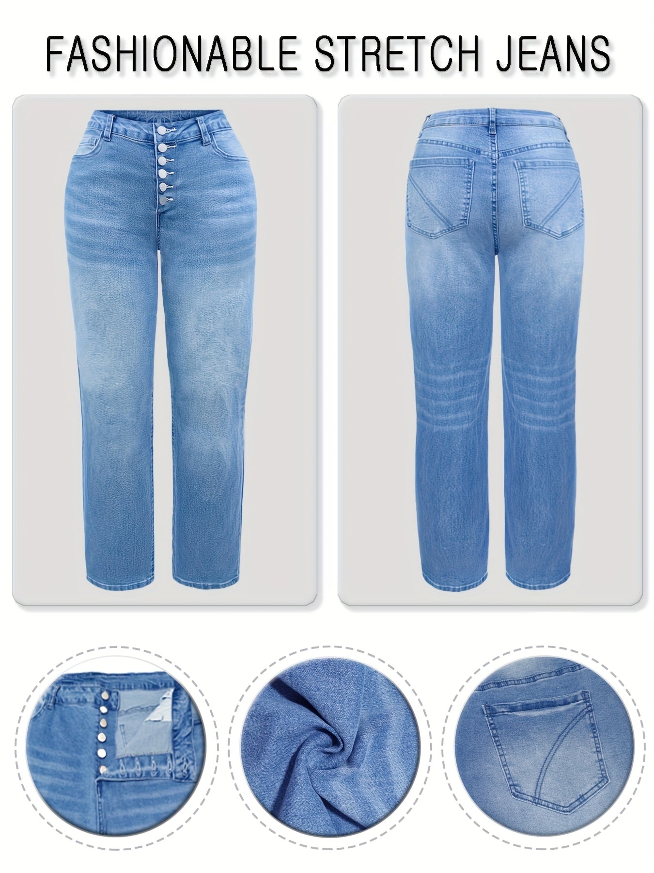 Plus o'lcham ayollar uchun kengaytirilgan denim to'g'ri chiziqli jinsi ko'k rangli kundalik shimlar