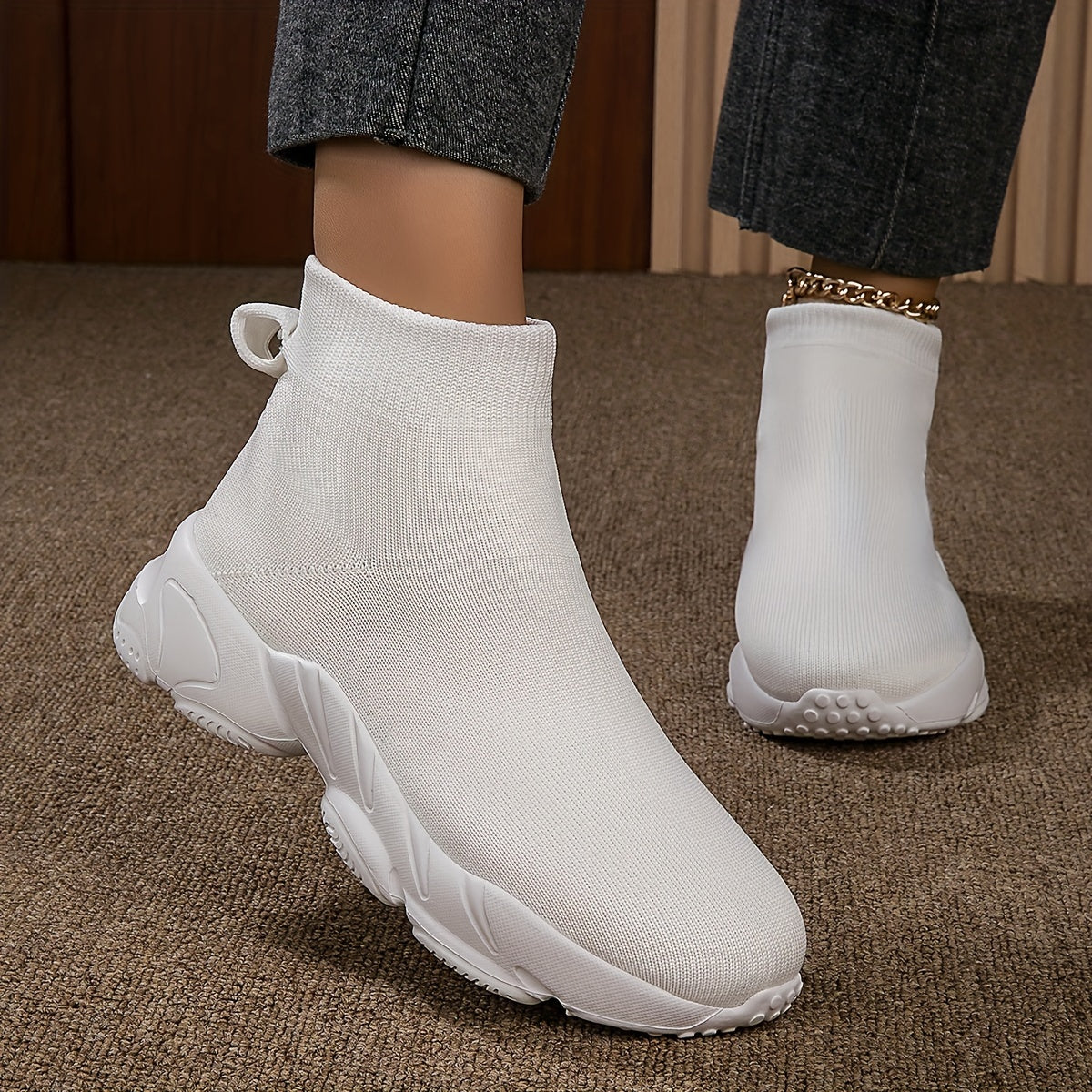 Zapatillas altas de mujer con calcetín, transpirables, de punto, slip-on, para caminar