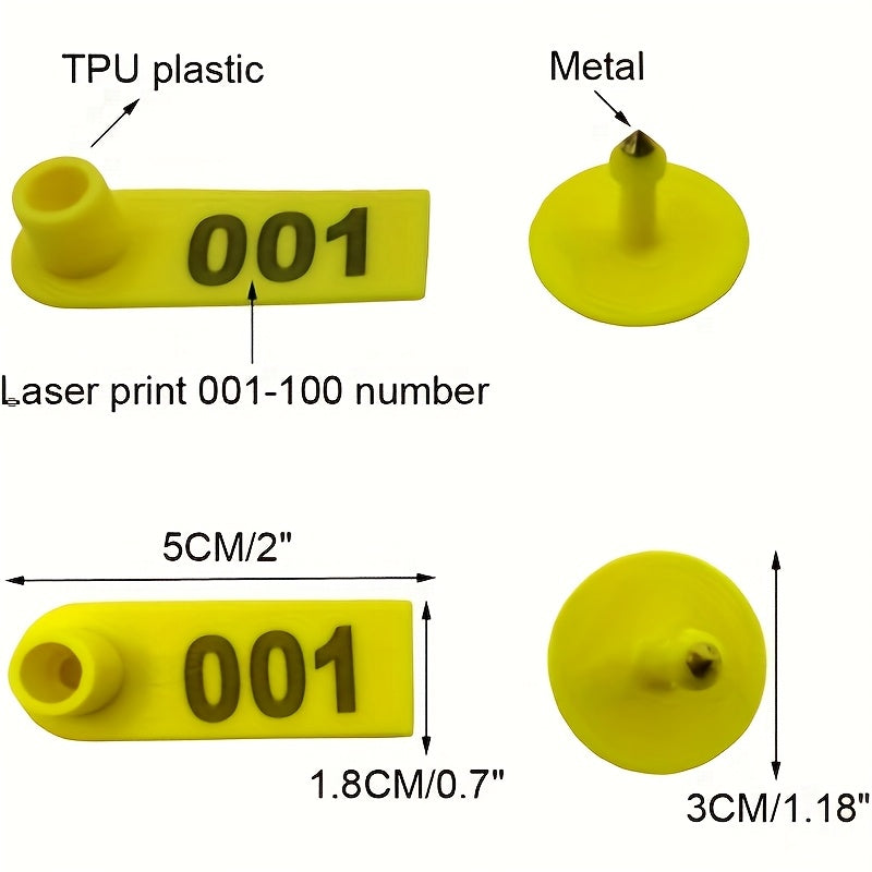 100-Donali chorva mollari uchun quloq belgilari, qoramol, qoracha, echki, cho'chqa, chidamli plastmassa, so'nmaydigan