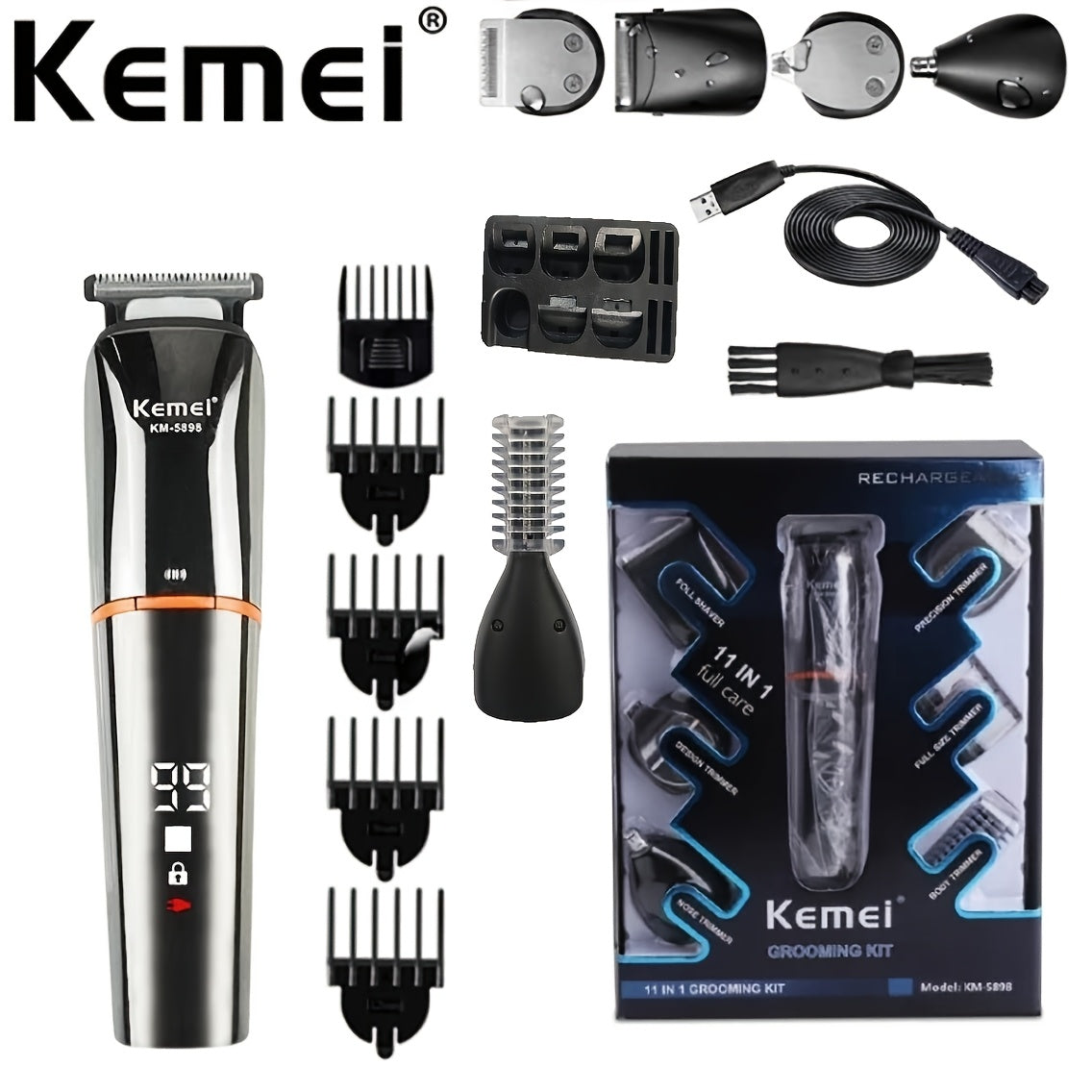 Electric Trimmer for Men Multiple Functions USB Charging LED Display Grooming Tool for Home Travel