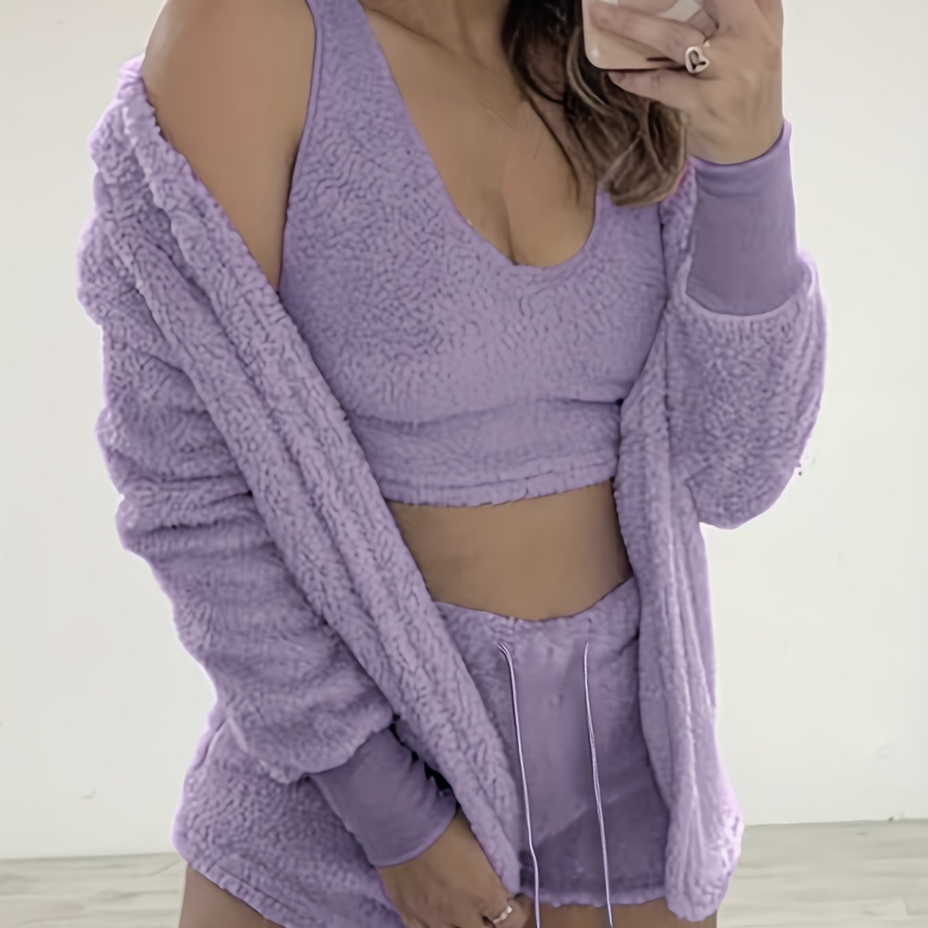 Conjunto de ropa de descanso para mujer que incluye bata con capucha, top sin mangas y pantalones cortos, para otoño e invierno, de poliéster sólido