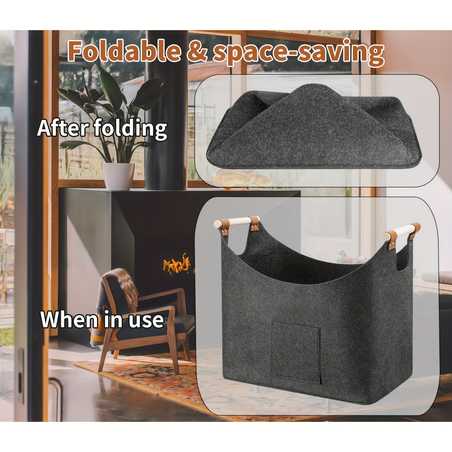 Large 55L Round Firewood Basket with Foldable Wooden Holder and Felt Blanket