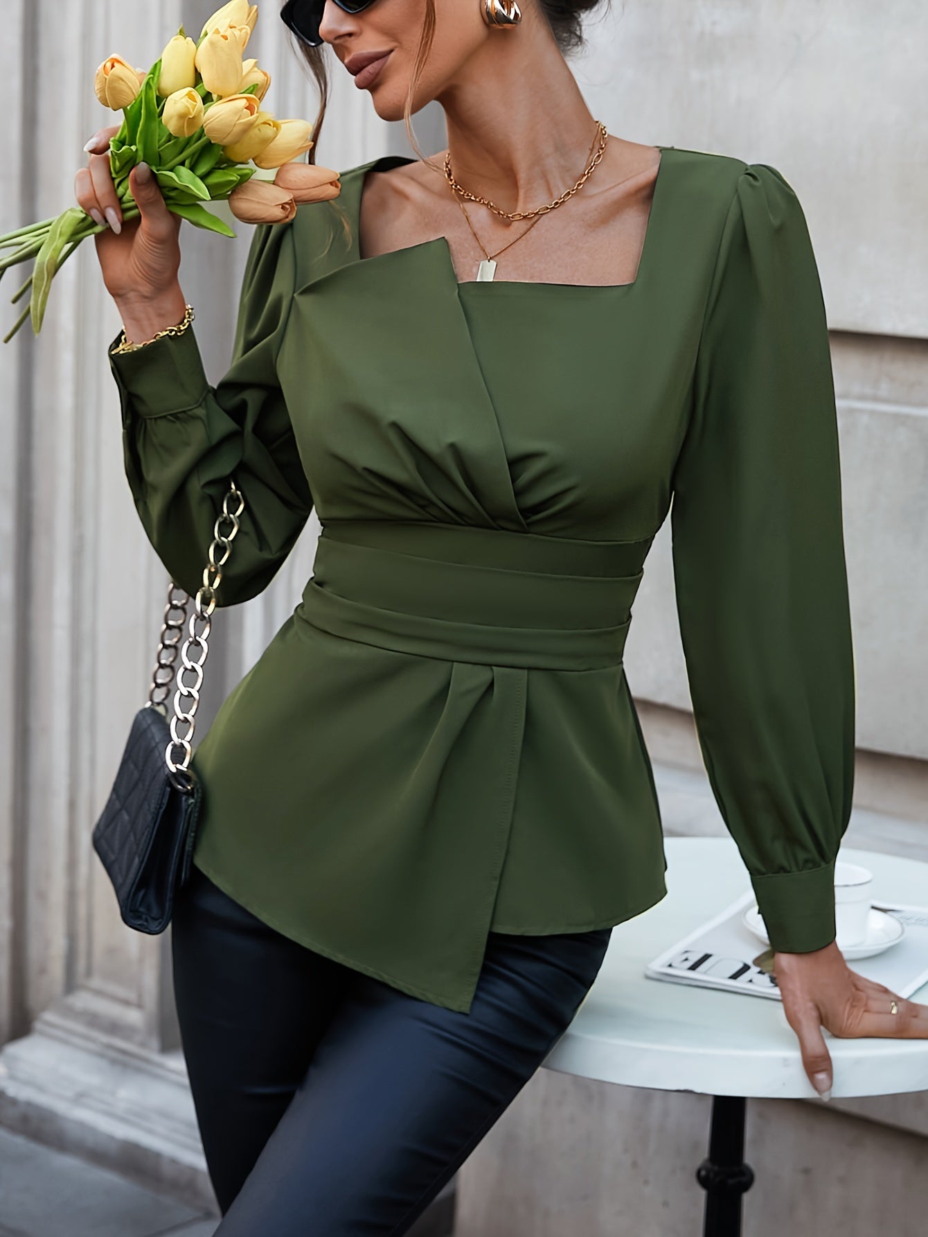 Women's Olive Green Blouse with Square Neck Puff Sleeves Asymmetric Hem for Spring Summer
