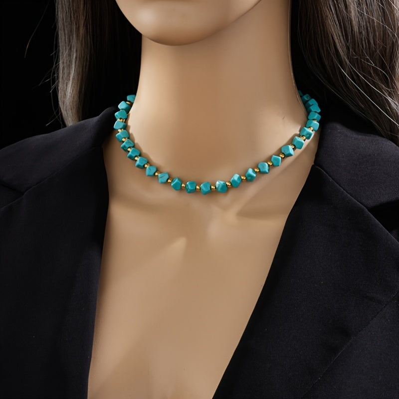 Ayollar uchun Elegant Vintage Turkuaz Beadli Choker Marjon, 18K Oltin Qoplangan Nikelga chidamli Po'lat, Har kuni va Maxsus Tadbirlar uchun Zamonaviy va Ko'p Maqsadli Zargarlik