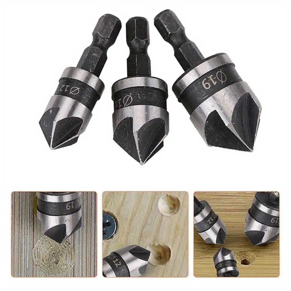 3Pcs HSS Countersink Drill Bit Set Stainless Steel Wood Metal Boring Tools