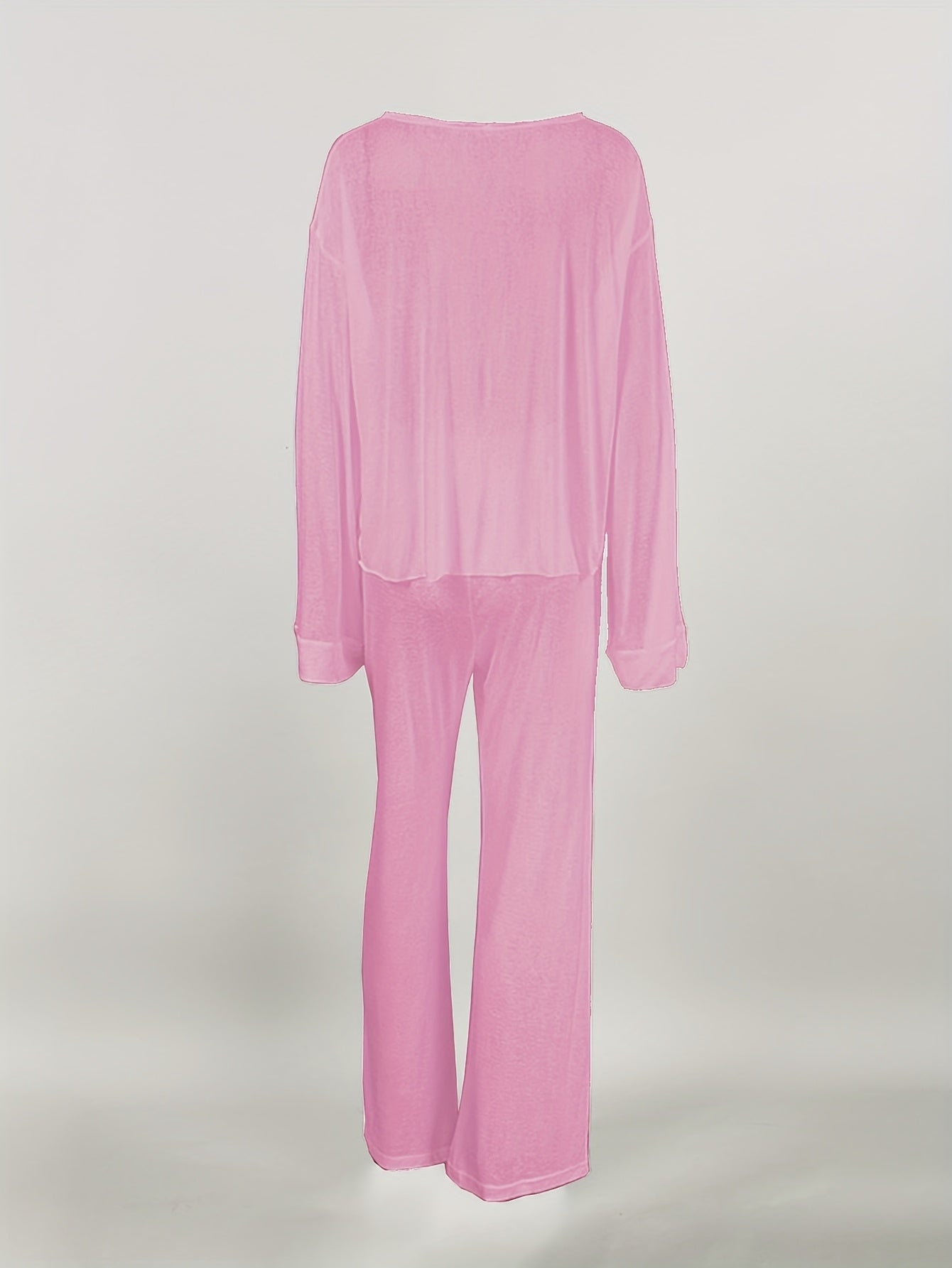 Women's Micro-Transparent Knit Loungewear Set with Long Sleeve Top and Trousers