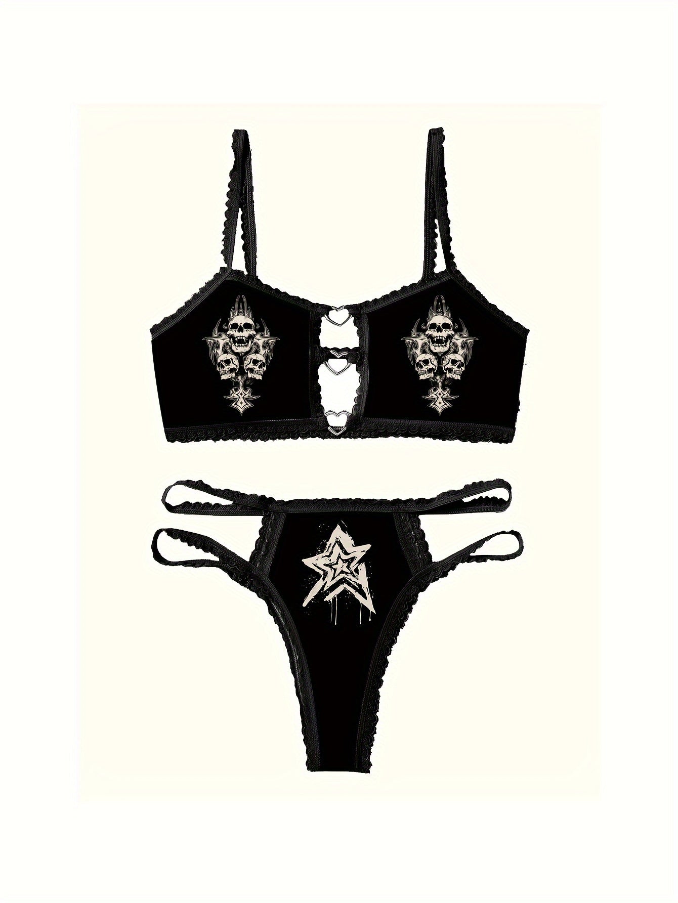 Skull Star Print Lace Trim Lingerie Set with Bra and Thong