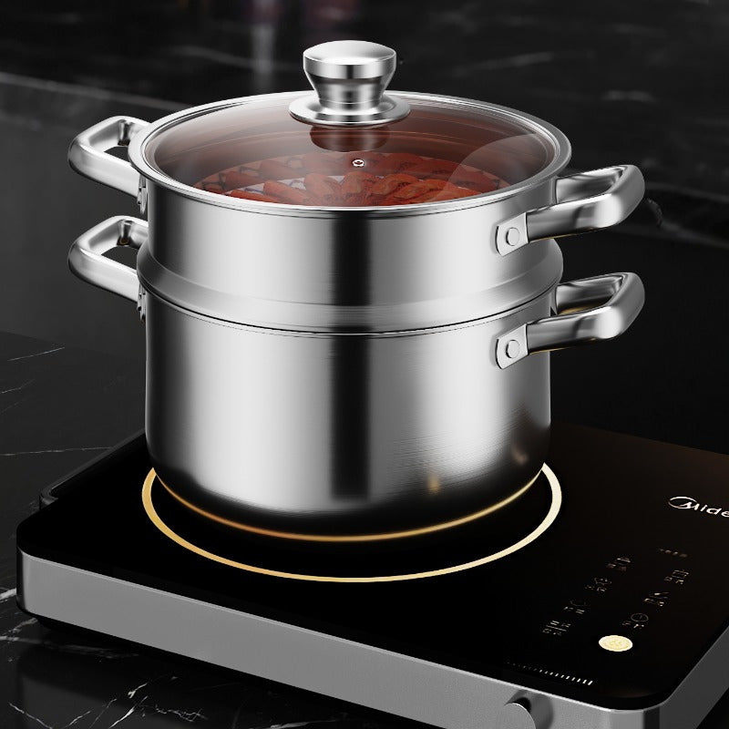 Stainless Steel Steamer Pot with Double Layer Basket 21.84cm for Induction Gas Stove