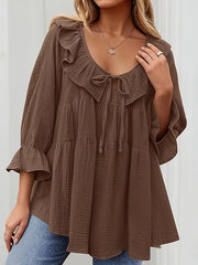 Plus Size Women's Ruffled Viscose Blouse with Ruffled Neck and Drawstring Waist