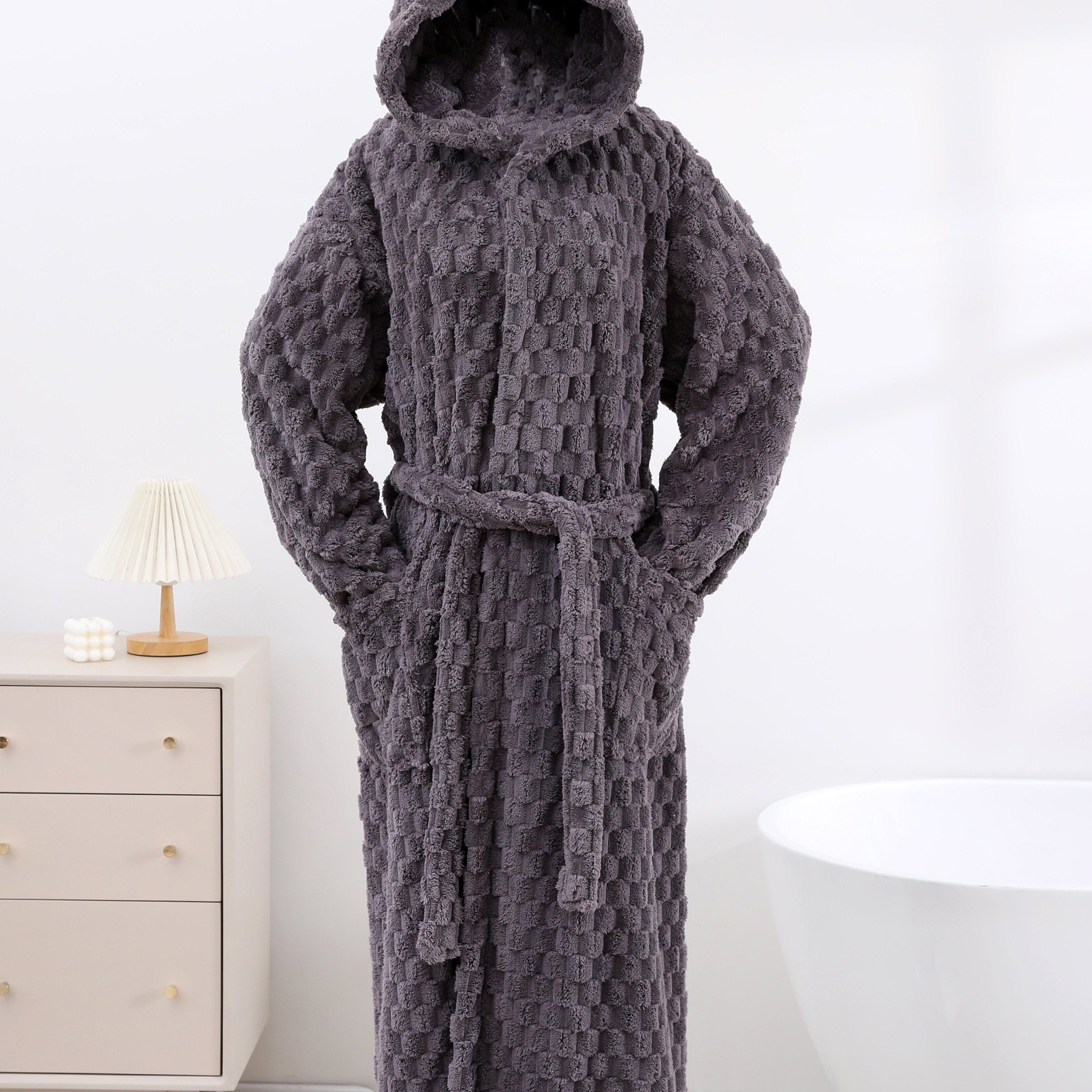 Bata de franela con capucha para hombres con bolsillo y gorro secador de cabello para todas las estaciones