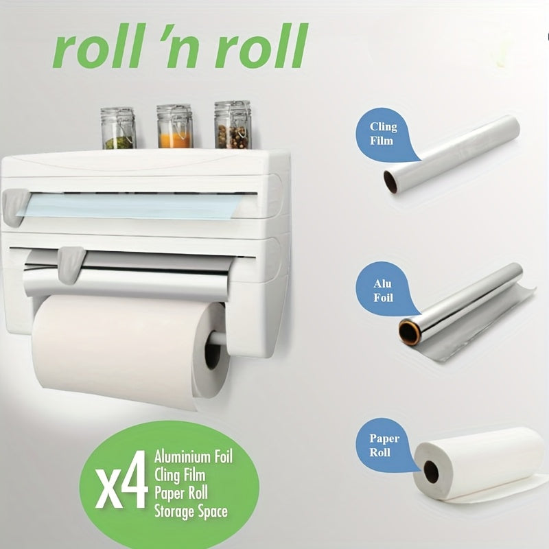 Organizador de cocina de pared con dispensador de film transparente y portarrollos de papel plástico