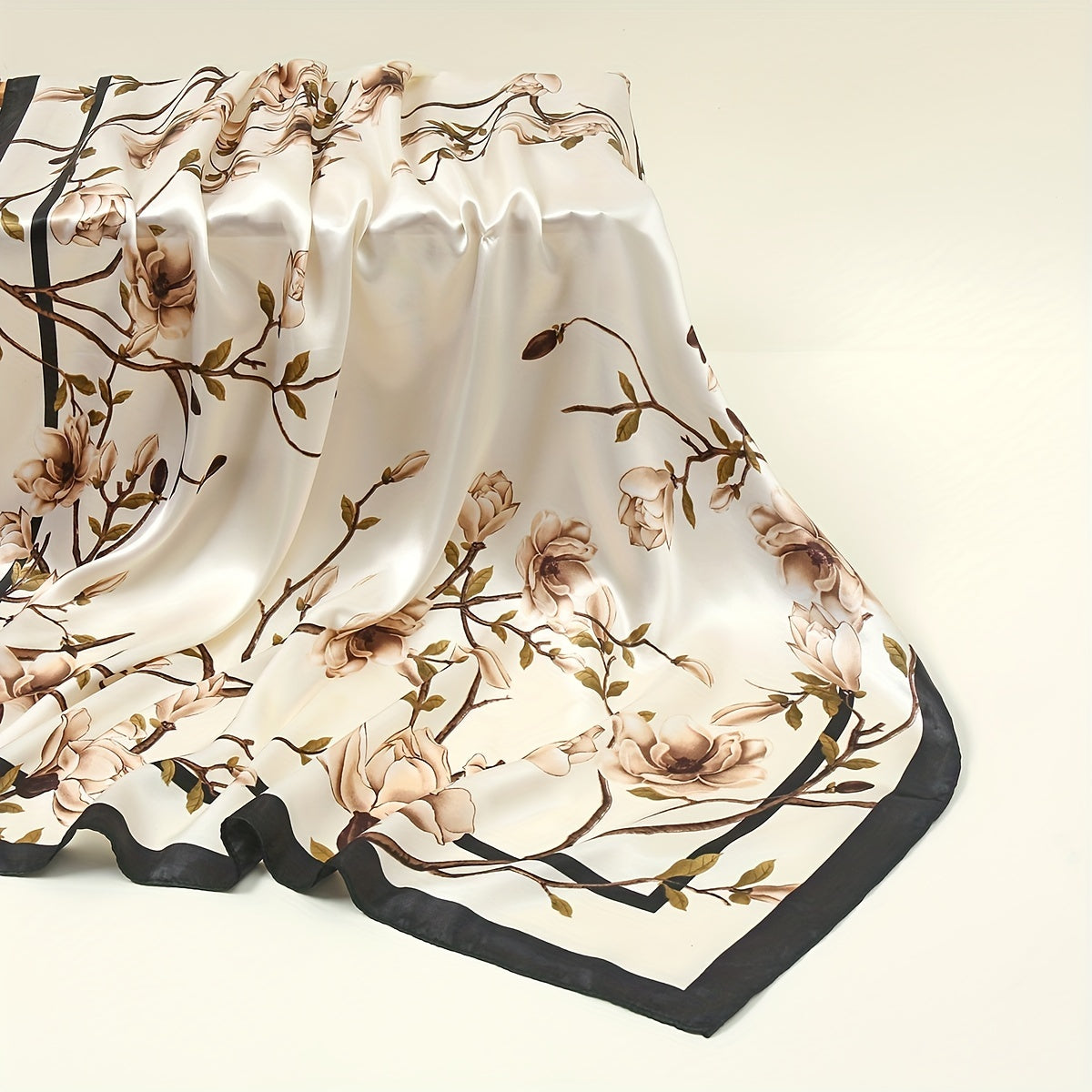 Vintage Satin Head Wraps for Women Magnolia Print Square Scarf Neckerchief 89.92cm