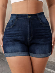 Plus Size Women's Denim Shorts Casual Solid Roll-Up Hem Stretch Denim