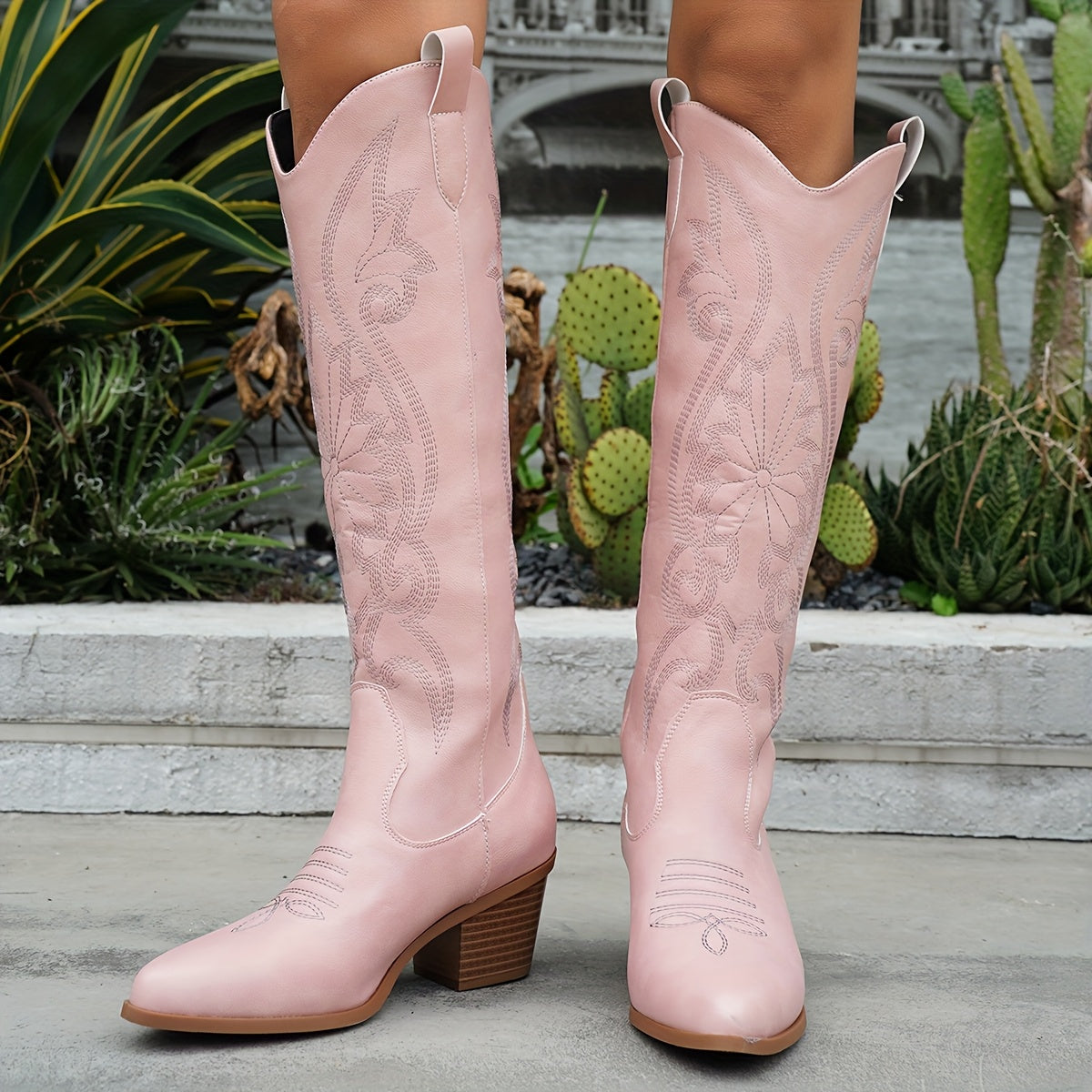 Women's Pink Embroidered Western Tall Boots High-Top Fashion Shoes