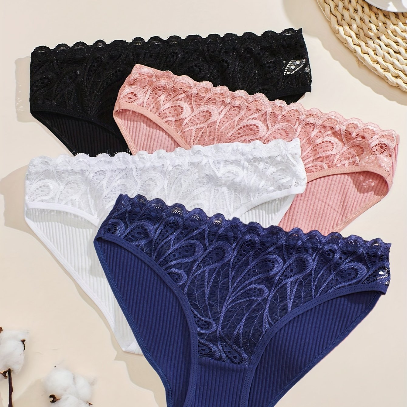 Women’s Cotton Briefs Set 4 Pieces Mid Rise Lace Solid Comfortable Stretchy