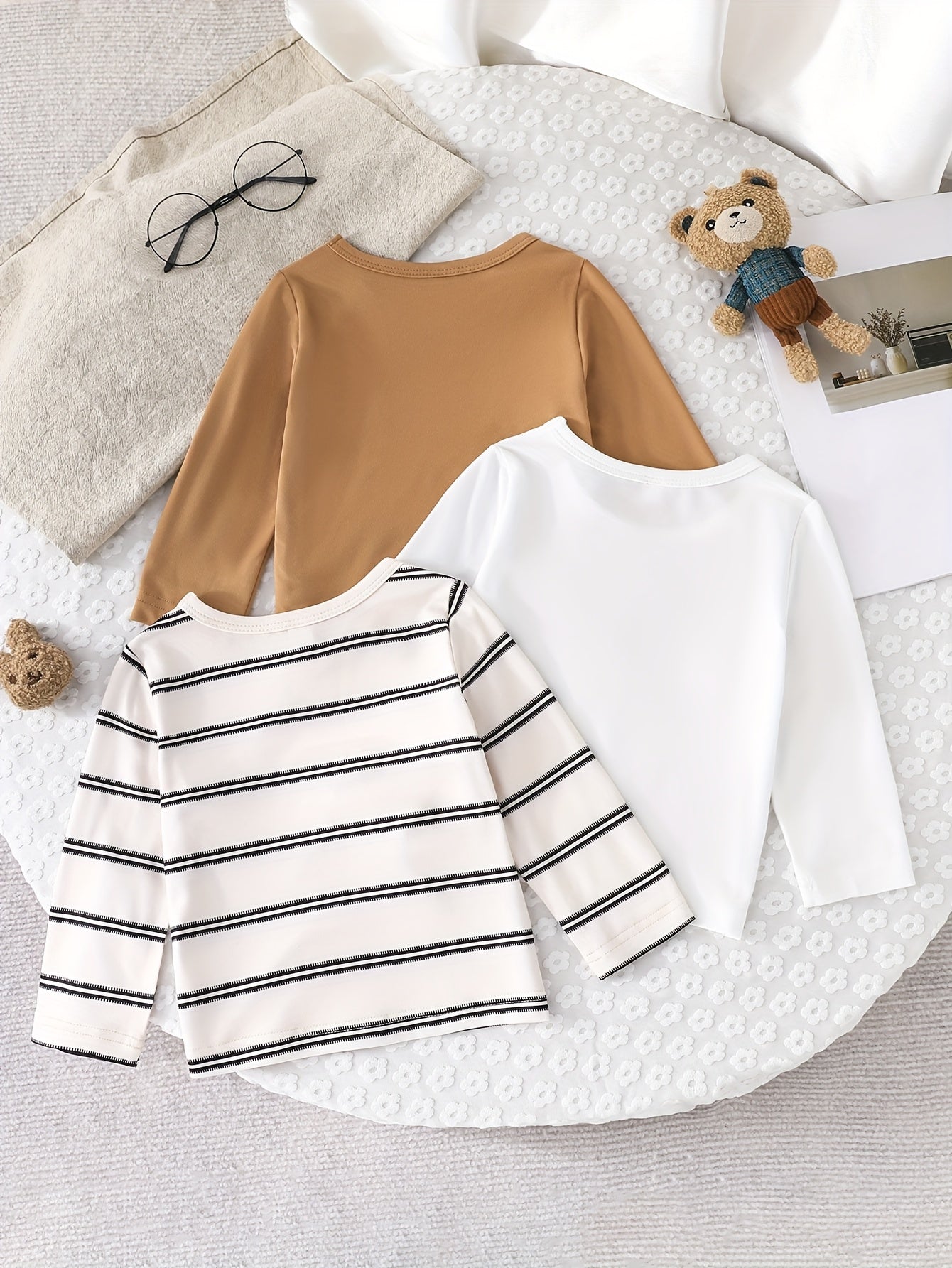 Kids Boys Three-Piece T-Shirt Set Long Sleeve Embroidered Bear Striped and Solid Colors