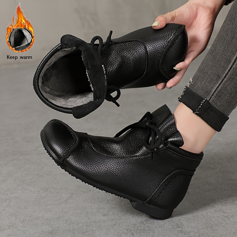 Botines de tobillo para mujer negro, marrón y burdeos de cuero de vaca, forro de felpa acogedora, casuales, planos, con slip-on