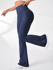 Women's High-Waisted Solid Color Yoga Pants with Flared Legs and Elastic Waist