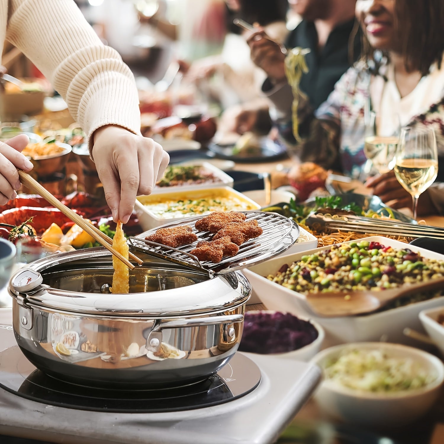 SENBOWE Mini Deep Fryer with Thermometer, 304 Stainless Steel, Tempura, Chips, Fish va Chicken uchun mukammal