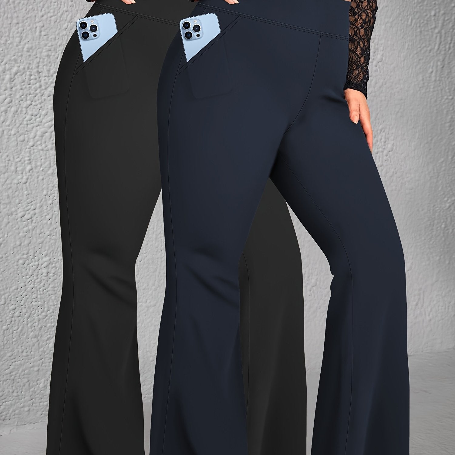 Plus Size High-Waist Flare Pants with Pockets - Stretchy Comfortable All Seasons