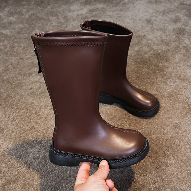 Girls Knee-High Boots with Zipper Solid Color Fall Winter Non-Slip Rubber Sole