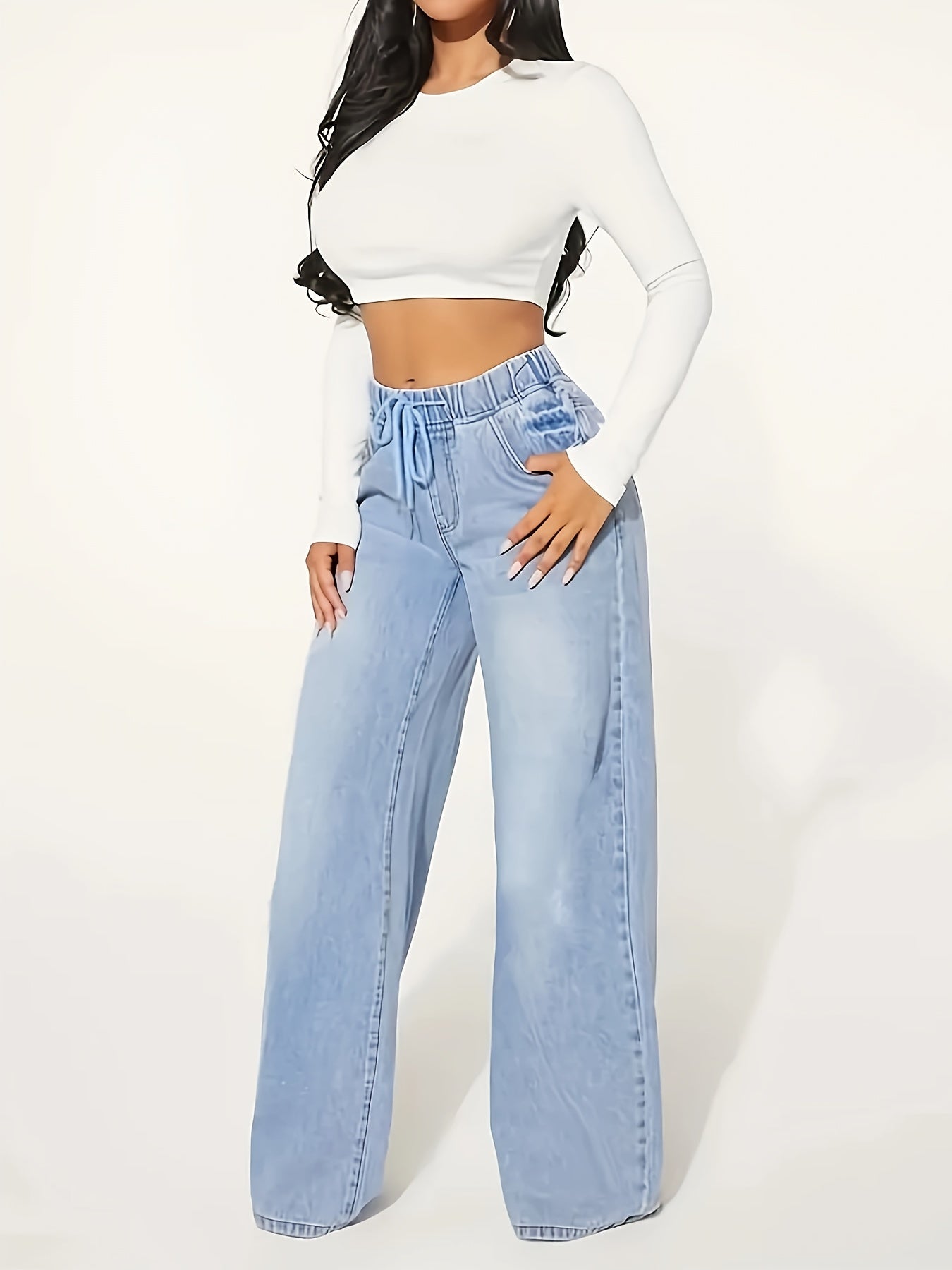 Jeans de mezclilla de talla grande para mujer con pierna ancha, poliéster, sin elasticidad, para todas las estaciones