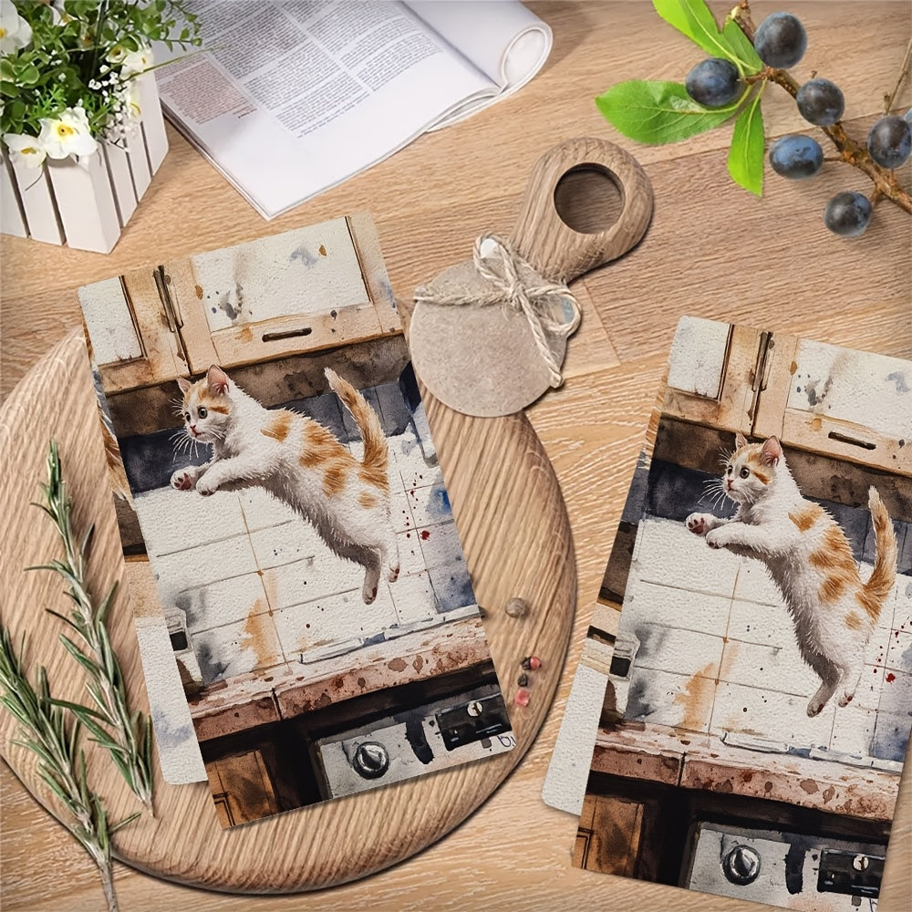 Set of 2 Soft Kitchen Towels with Playful Kitten Design, Absorbent, Machine Washable