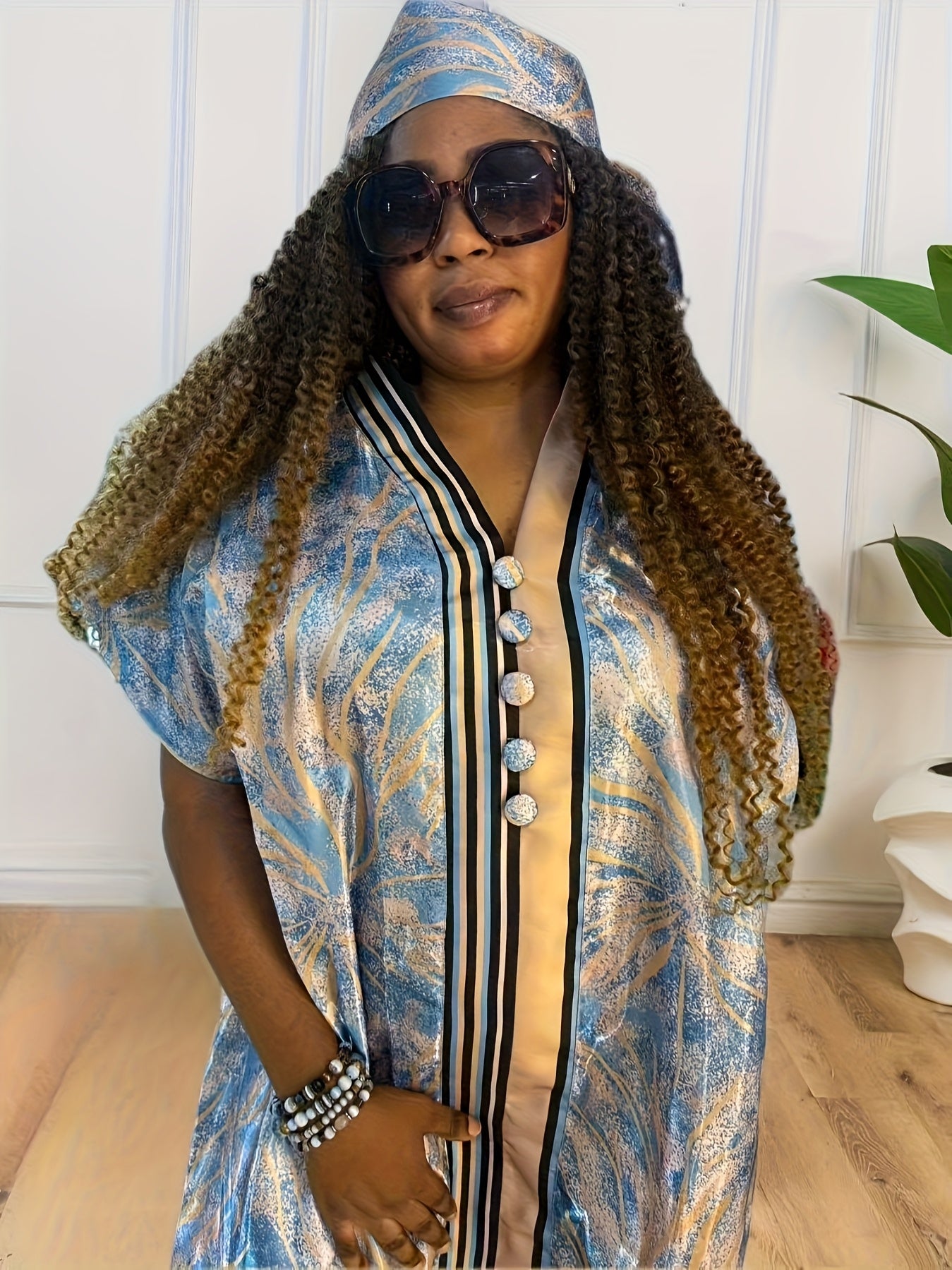 Plus Size Women's V-Neck Kaftan Dress with Batwing Sleeves and Floral Print