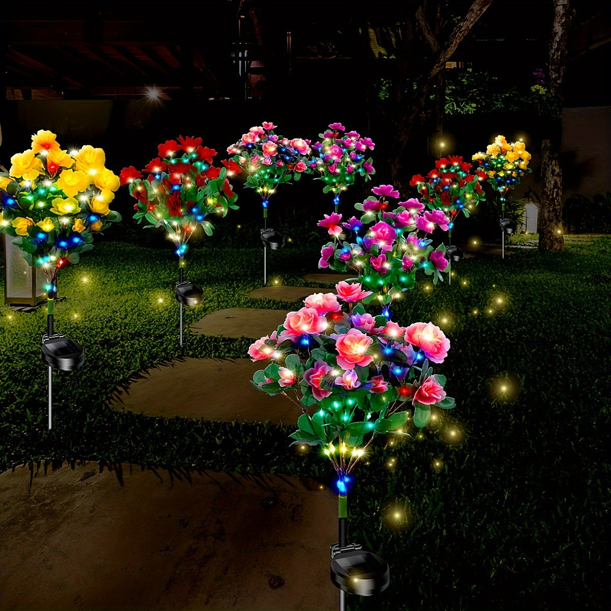 4-Pack Outdoor Solar Garden Lights Azalea Flower LED Pathway Stake Multicolor