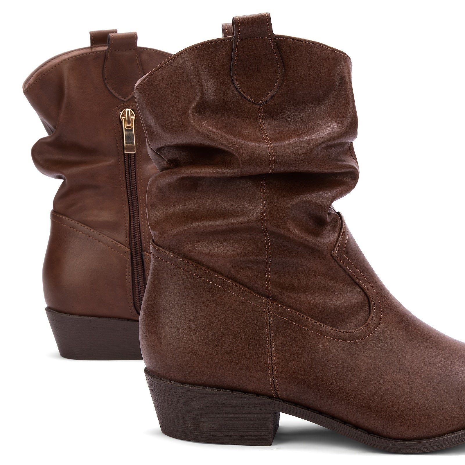 Women's Leather Western Cowboy Boots Pointed Toe Low Heel Side Zipper