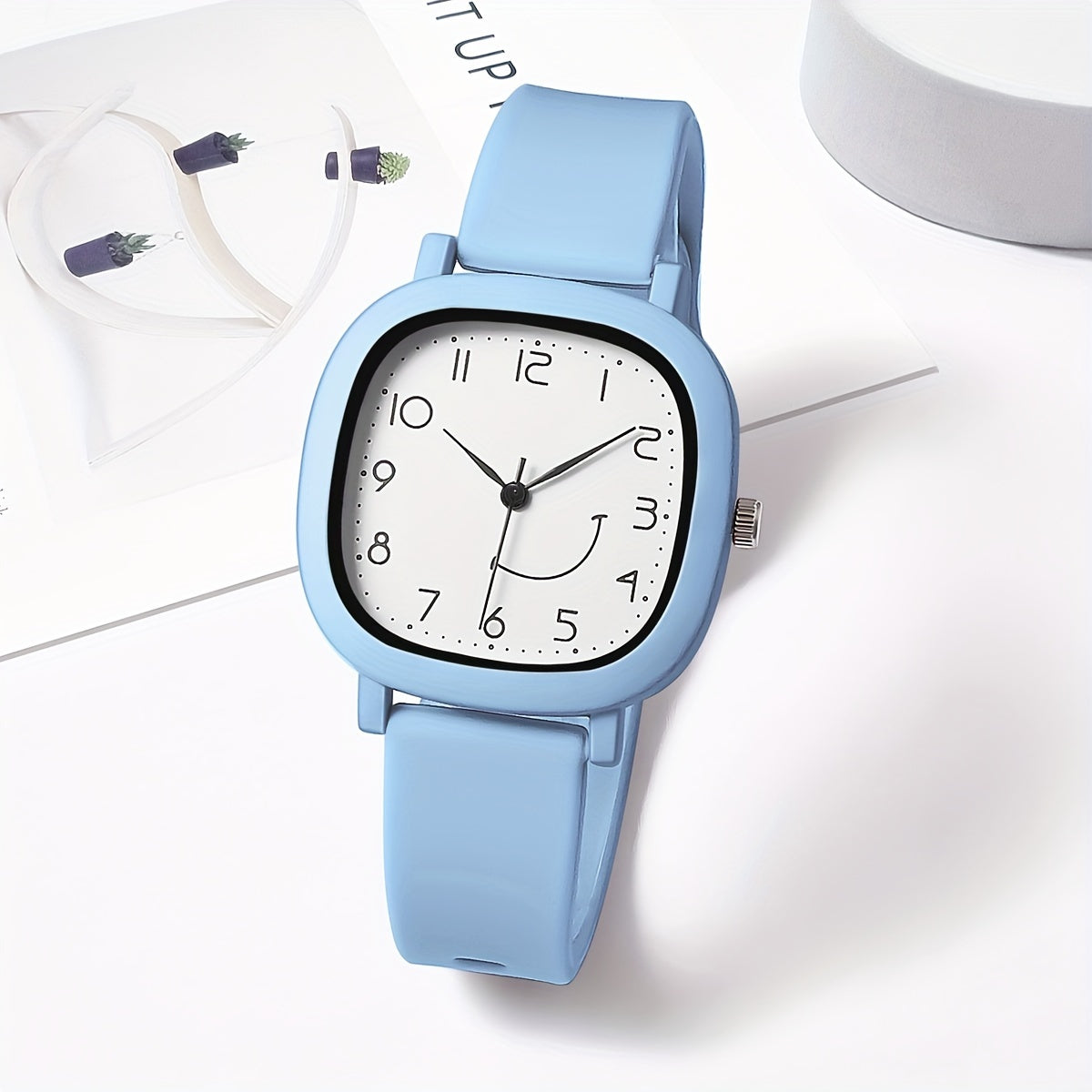 Women's Quartz Watch Square Face Silicone Strap Casual with Smile Face Design