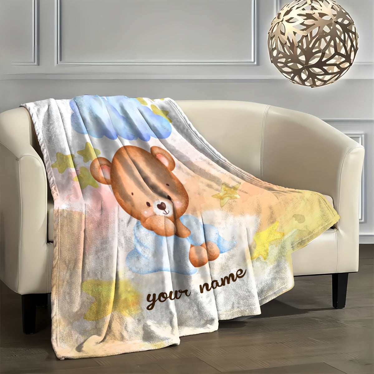 Personalized Cartoon Bear Print Flannel Throw Blanket for Home Decor and Gifts