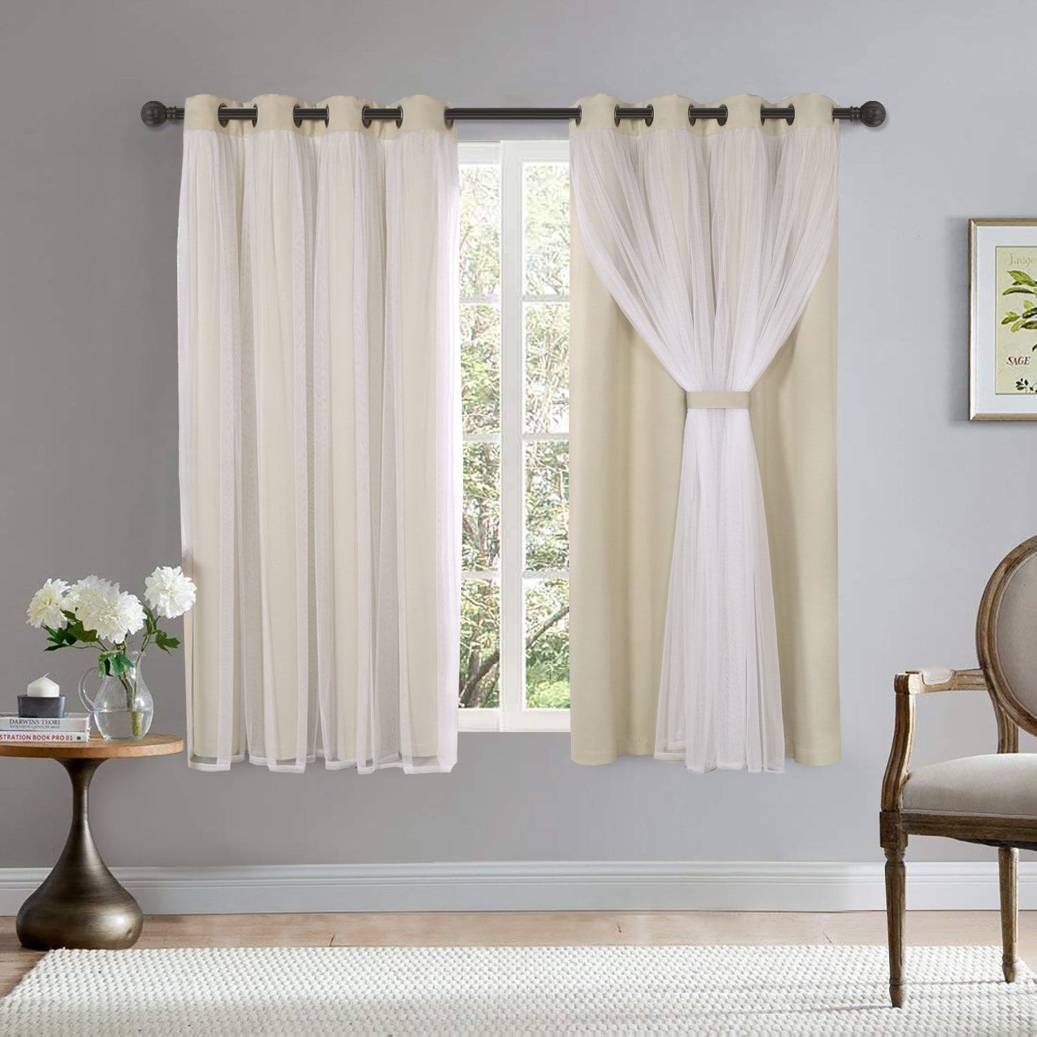 Grey Blackout Curtains with White Sheer Voile Double Layer Grommet Bedroom Window Treatment